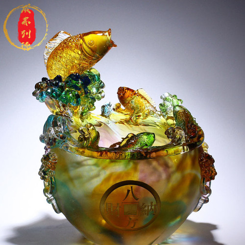 威弗列德琉璃工艺品如鱼得水聚宝盆水晶锦鲤摆件轻奢高档招财聚财
