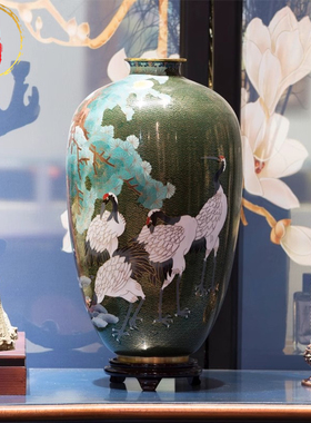 威弗列德礼品家装景泰蓝花瓶松鹤延年瓶铜胎掐丝珐琅摆件贺寿礼品