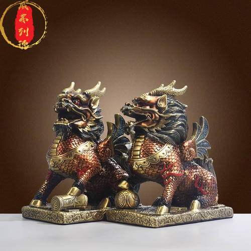威弗列德全铜麒麟摆件公母一对麒麟踩八卦客厅入户玄关办公工艺品