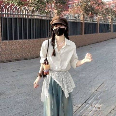 披肩屁帘裤子法式时尚穿搭搭配衬衫披肩气质蕾丝腰带丝巾裤子网纱