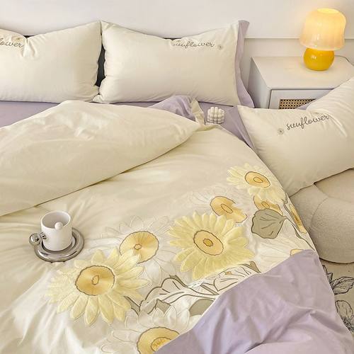 向日葵刺绣100全棉四件套紫色少女心被套纯棉床单小清新床上用品4