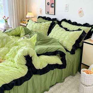 ins韩版黑色花边床裙四件套泡泡纱少女床单被套a类学生宿舍三件套