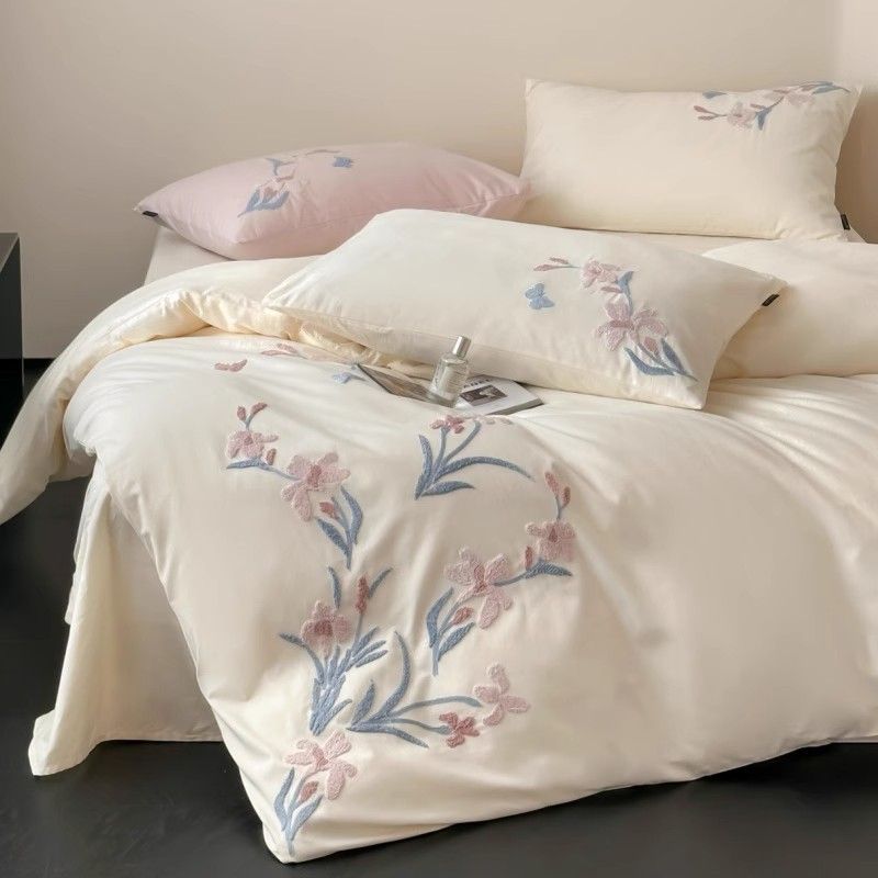 小清新秋冬全棉磨毛四件套花卉刺绣纯棉床单被套床品三件套四件套