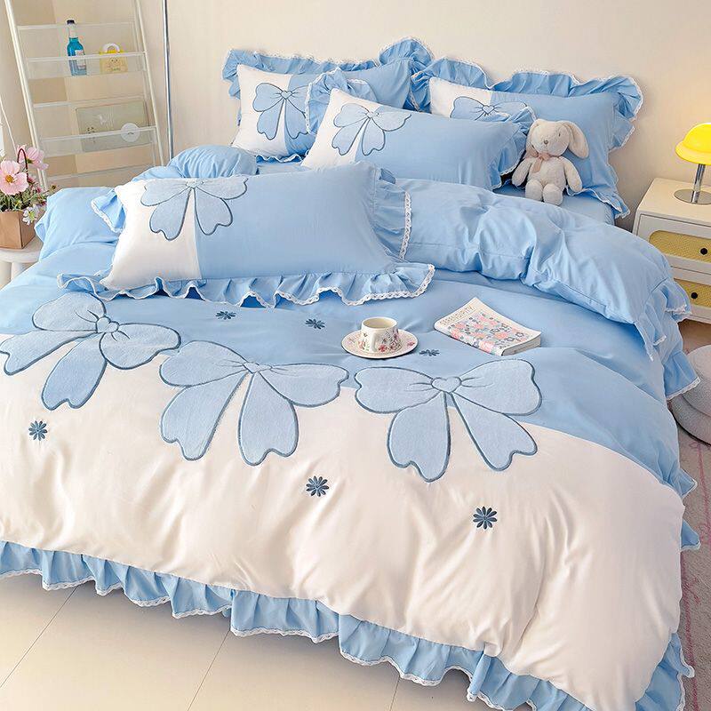 韩版公主风亲肤花边床裙刺绣四件套水洗棉磨毛被套三件套四季通用