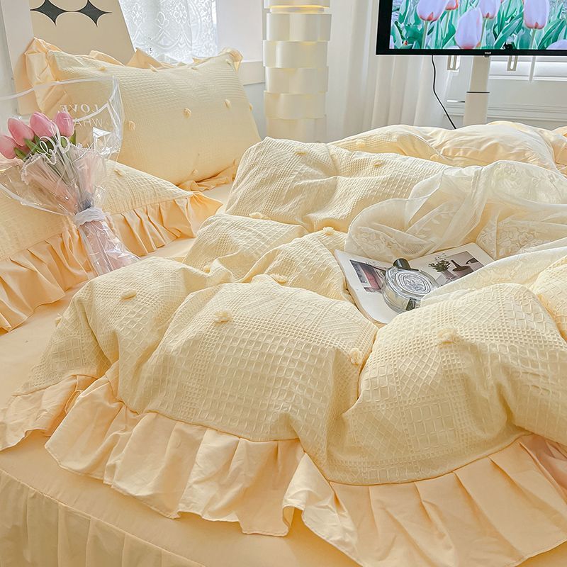 公主风纯棉床上四件套100全棉轻奢床品华夫格被套床裙4床单三件套