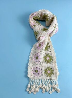 花朵镂空围巾拼色小围巾韩式秋装新款日系棉线文艺范森系小清新百