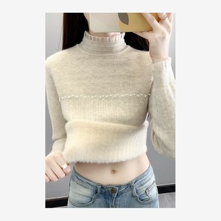 带花边针织衫秋冬新款半高领蕾丝一体绒打底衫时髦时尚洋气加绒毛