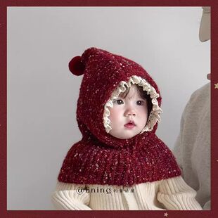 精灵帽成品圣诞红色儿童帽子围巾披肩一体婴幼儿男女童宝宝秋冬季