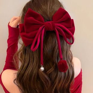 红色元素配饰丝绒蝴蝶结珍珠花朵流苏大号发夹秋冬夹子头饰后脑勺