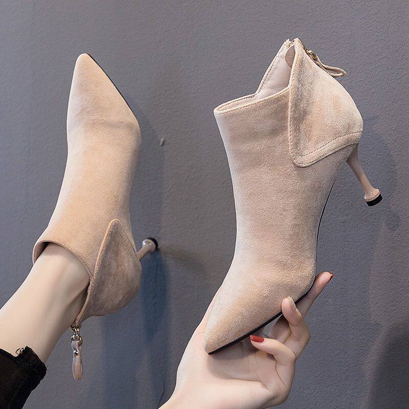特细跟高跟鞋短靴女2026秋冬新款尖头细跟高跟鞋网红马丁靴瘦瘦靴