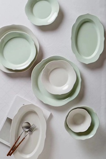 新中式简约铃兰花本色白花形陶瓷餐具创意餐盘椭圆鱼盘深盘碟小碗