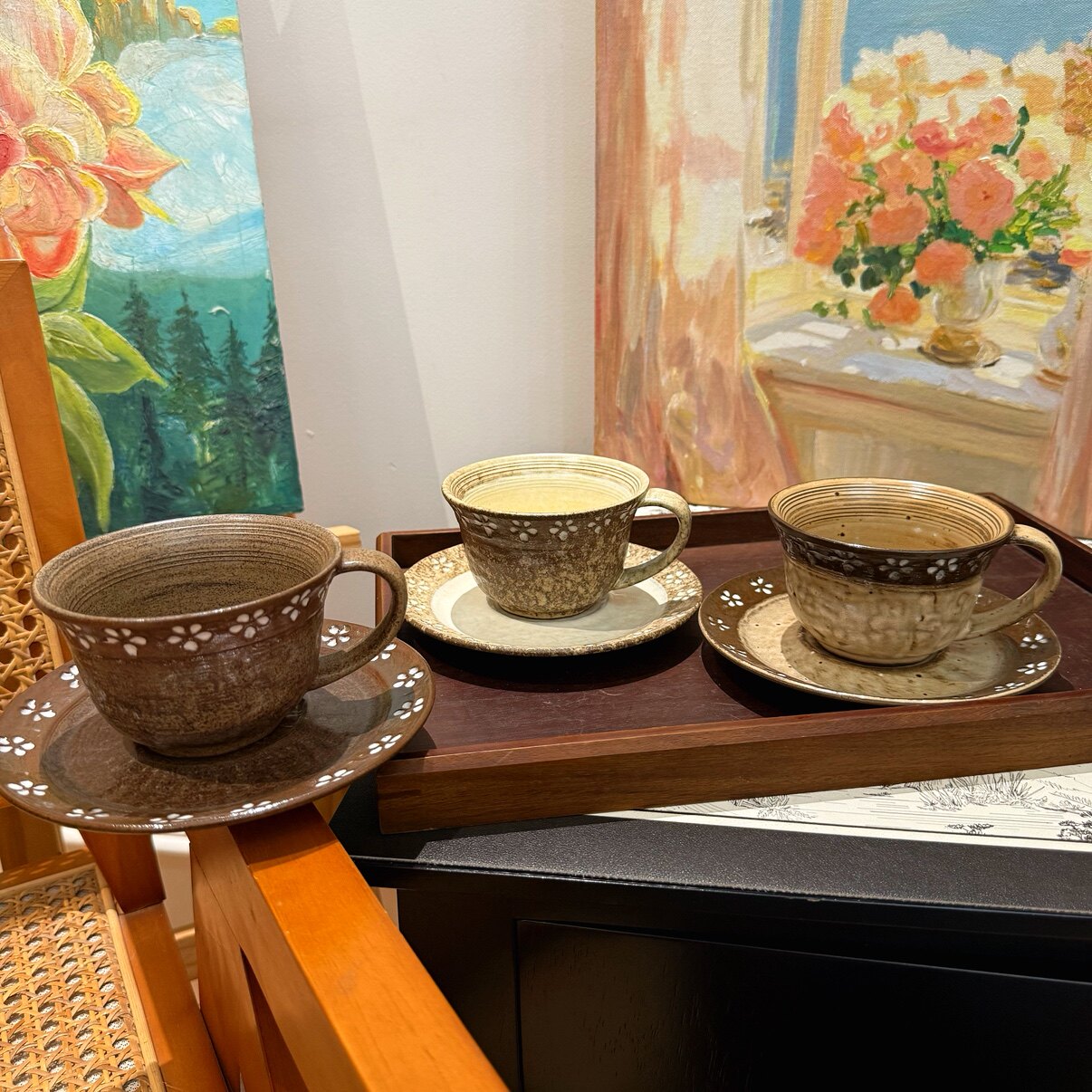 日式侘寂风复古咖啡杯碟花朵图案杯拉花拿铁杯下午茶水杯釉下彩