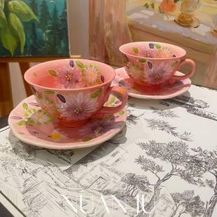 日系濑户烧濯清烧高颜值精致咖啡杯釉下彩一杯一碟陶瓷手绘杯