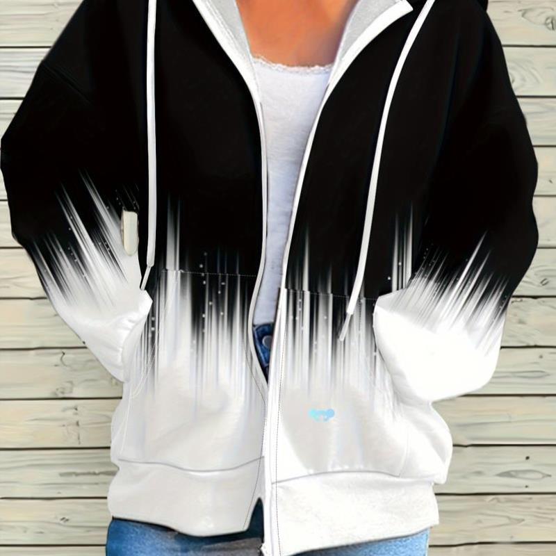 Colorblock Print Plus Size Coat Casual Long Sleeve Hooded