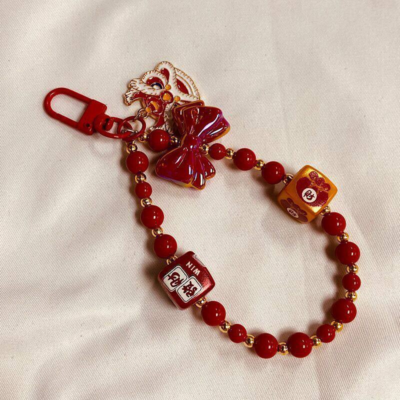 红色手机链新年红色招财手工串珠挂绳龙年短款手腕手机挂饰吊坠手