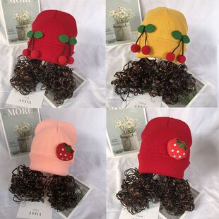 女童帽子宝宝帽子女童公主假发卷发帽子秋冬季双层保暖辫子一体针