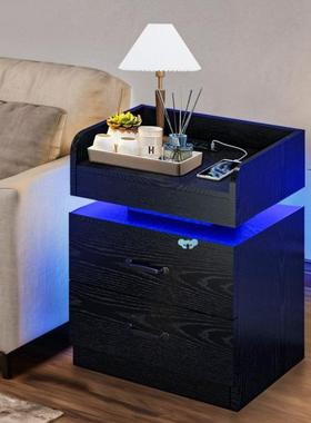 Modern Black led Nightstand wh Charging ation Wooden