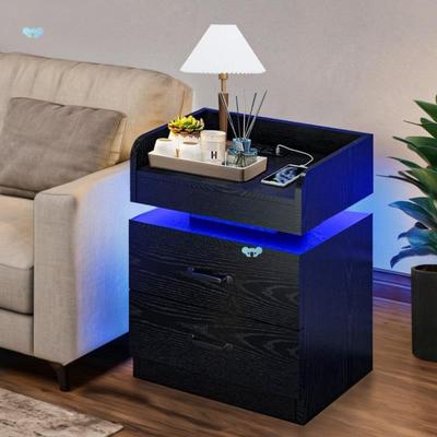 Modern Black led Nightstand wh Charging ation Wooden