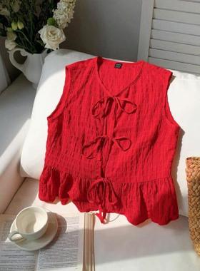 2025跨境代发 Blouses 无袖红色系带前襟荷叶边下摆衬衫夏季