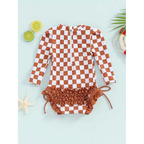 L 12915 Children's Plaid Print Lace Trim Swimsuit 儿童格子印