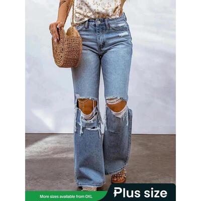 X 58667 Fashionable High Waist Wide Leg Jeans 破洞阔腿牛仔裤