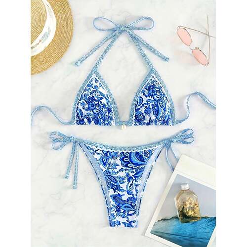 D 24151 Colorful Print Edge Trim Bikini 撞色印花分体泳衣