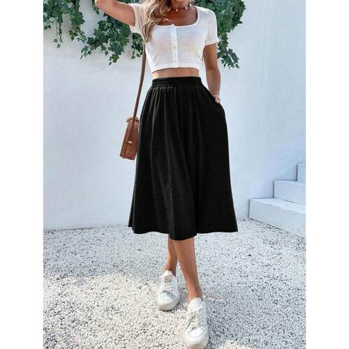 I 24489 Elastic waist A-line skirt with pocket 弹力腰斜插袋