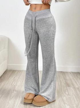 W 51609 速卖通新款外贸跨境纯色抽绳扭褶喇叭裤休闲百搭