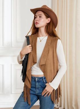 Womens Tassel Vest 70s Hippie Costume Sleeves Cowgirl