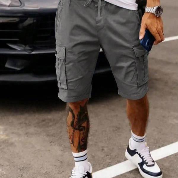 n's Solid Color Patched Drawstring Waist Cargo Shorts