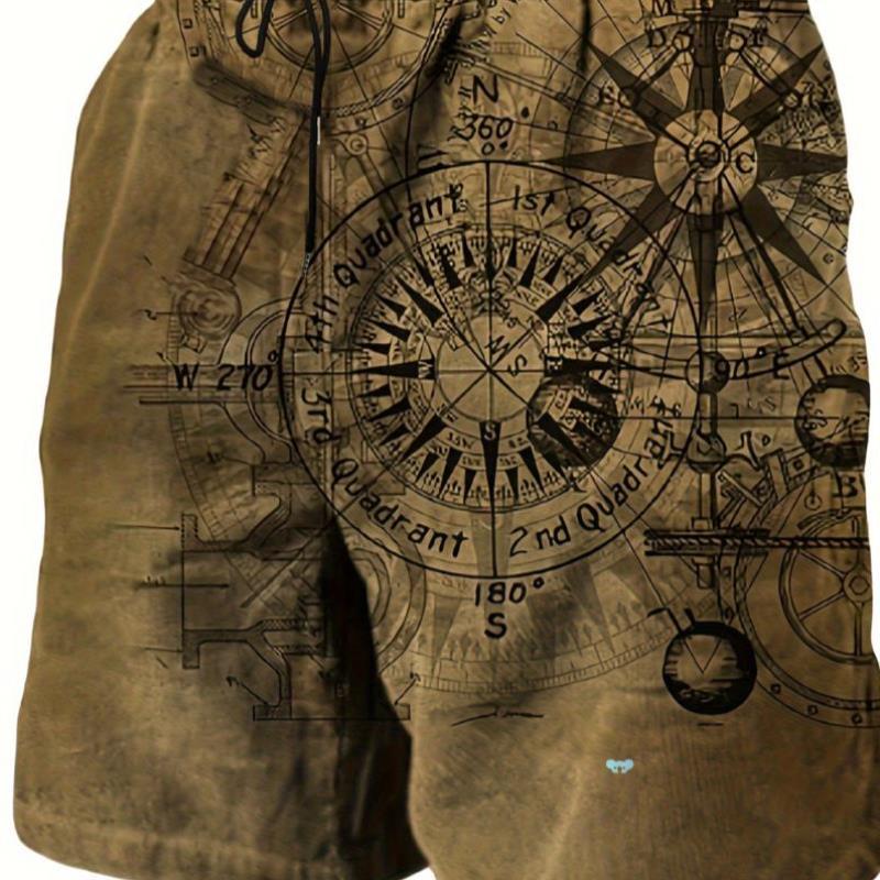 Retro yle men's Compass Pattern Board Shorts Chic And跨境