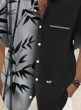Plus Size Bamboo men's Print Shirt Faion Casual Short跨境