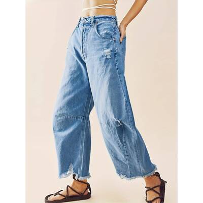 W 16123 Ripped hem high rise wide leg jeans 毛边腰阔腿牛仔