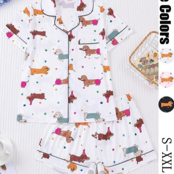 2025新款跨境代发女装狗狗印花短袖上衣搭配松紧腰短裤