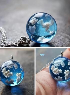 Clear Sky Clouds Round Globe Pendant Necklace For Girls跨境