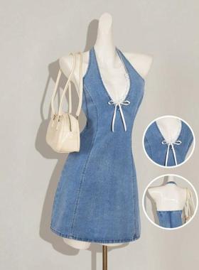 2025外贸代发 Denim 女士休闲吊带牛仔迷你紧身连衣裙蓝色夏季款