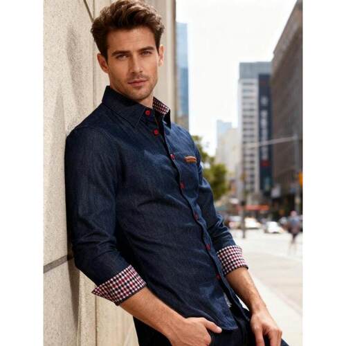 S 18138 Fashion Slim Fit Patchwork Denim Shirt 拼皮牛仔衬衫