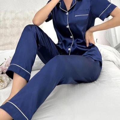 Women's Solid Satin Pyjama Comfort PJ Set Lapel Neck Short