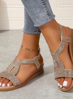 unning Rhinestone Wedge Sandals Elastic Open Toe露趾凉鞋