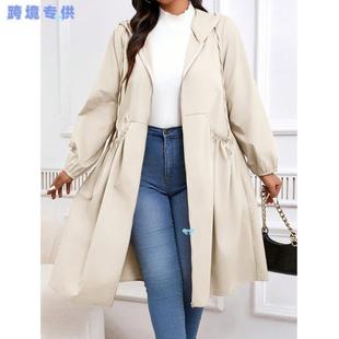 Plus Size Women'S Plus Size Black Trench Coat Casual Zip Up