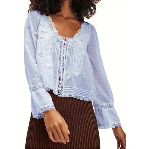 H 88959 French U-neck lace shirt 法式 U 领蕾丝衬衫亚马逊跨境