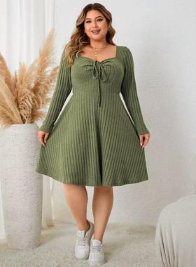 XL-4XL women dresses plus size ladies skirt方领长袖短裙女