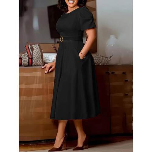 H 41563 Elegant Round Neck Bubble Sleeve Dress 气质优雅连衣