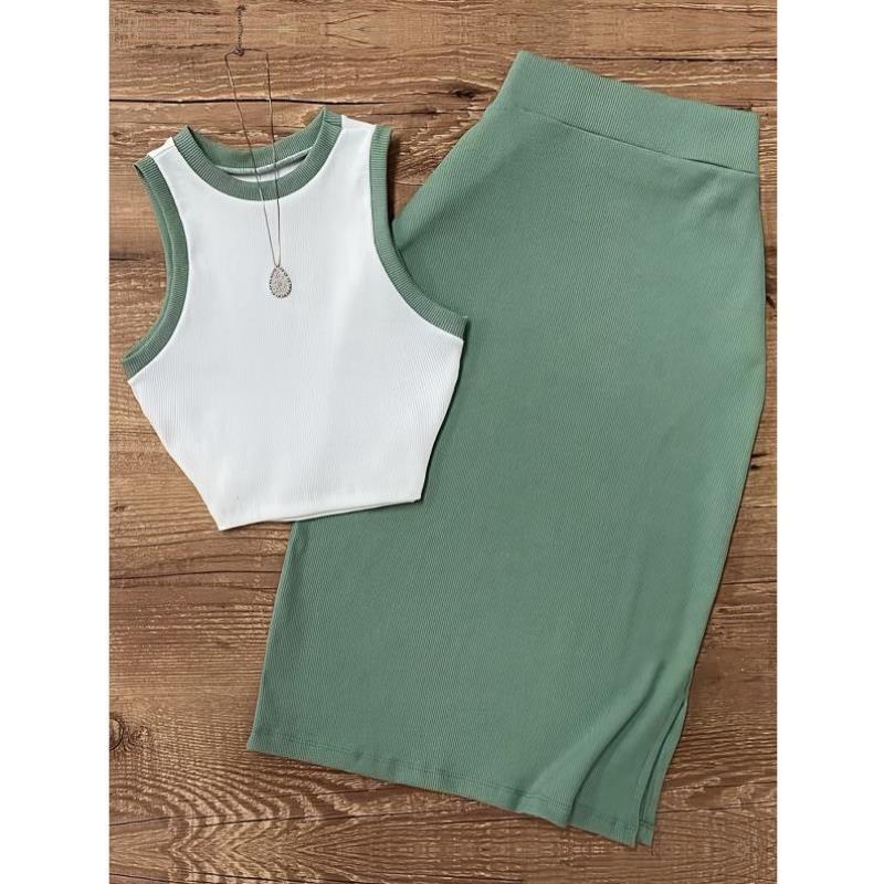 2025跨境新款 Women's Two Piece Sets 无袖上衣裙装套装休闲圆领