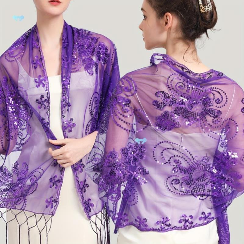 Luxurious Sequin Embellied Flower Flapper Shawl - Thin,