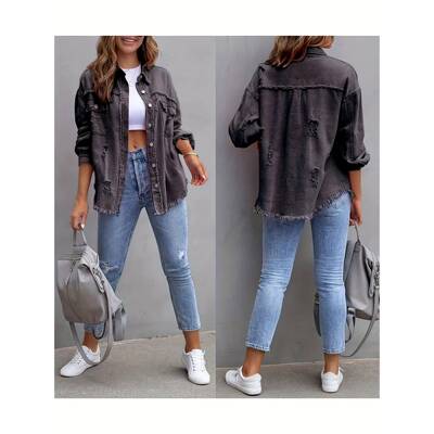 H 42881 Oversized Distressed Denim Jacket 宽松破洞牛仔外套