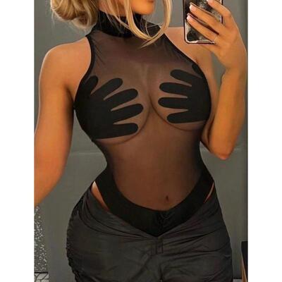 跨境 Jumpsus Bodysus 网眼连体衣配棕榈叶与胸前拼接