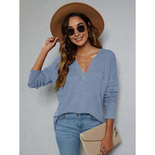 H 80493 V Neck Split Hem Knit Top V领针织衫