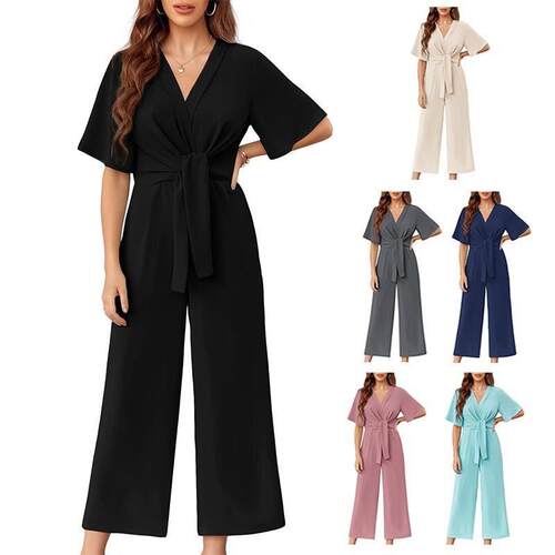 H 89365 V Neck Wide Leg Jumpsuit 纯色连体裤