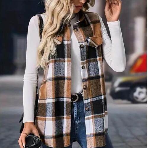 I 17215 Plus size plaid sleeves vest 大码格纹无袖马甲